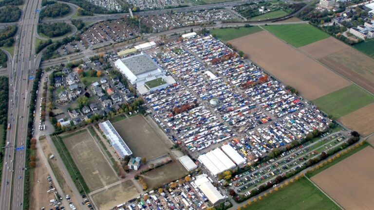 Luftaufnahme eines großen Markt- oder Messegeländes mit zahlreichen Fahrzeugen, Verkaufsständen, Parkplätzen und angrenzenden Feldern.