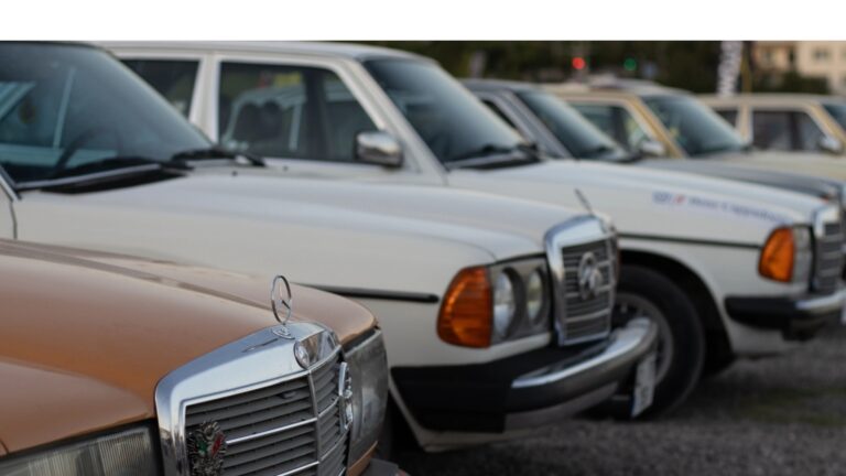 Nahaufnahme mehrerer geparkter älterer Mercedes-Autos, Blick auf Kühlergrills und Embleme.